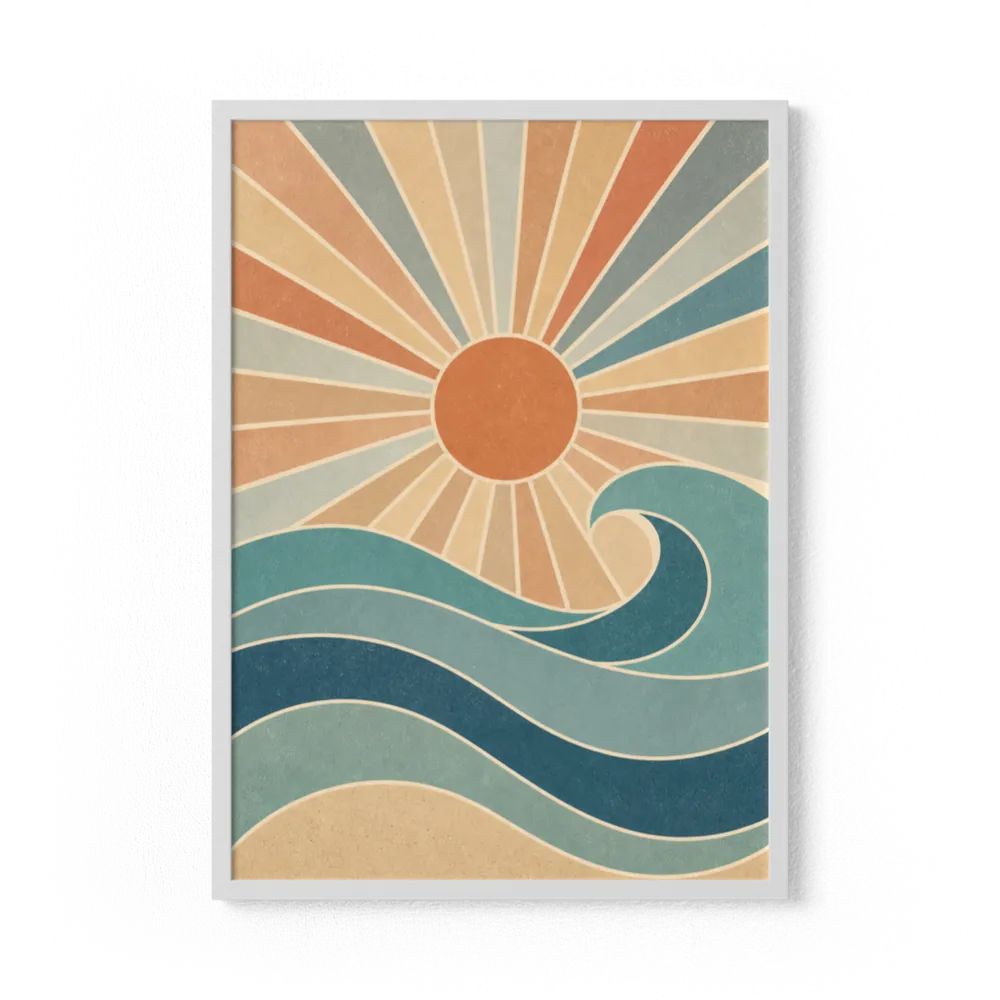 Retro Rising Sun & Ocean Wave Art Print