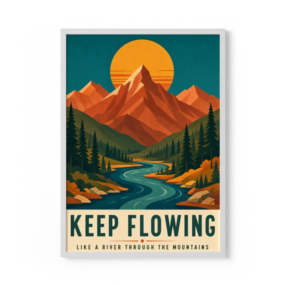 Keep Flowing – Retro Mountain & River Art Print