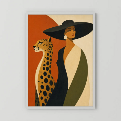 Glamorous Woman in Black Hat with Cheetah Mid-Century Art Print