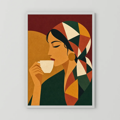 Woman Drinking Coffee with Geometric Headscarf Retro Art Print