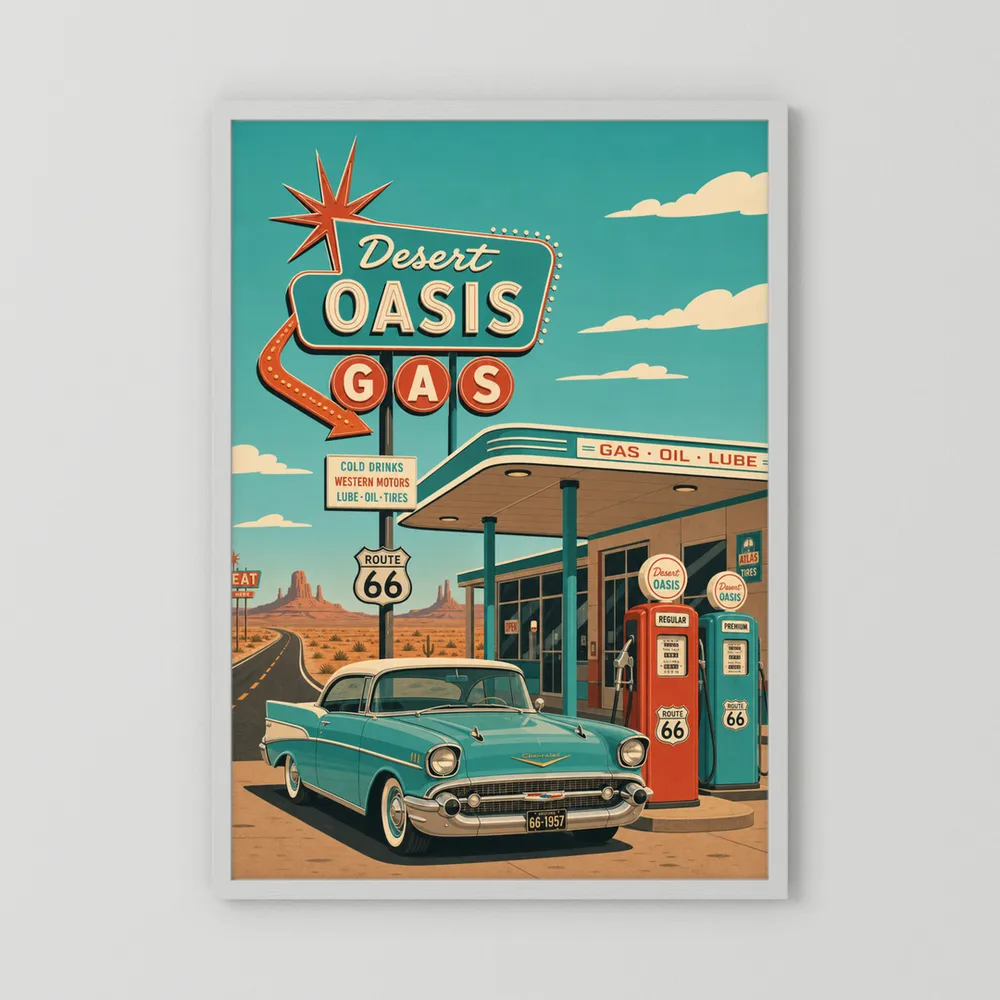 Desert Oasis Gas Station Route 66 Vintage Art Print