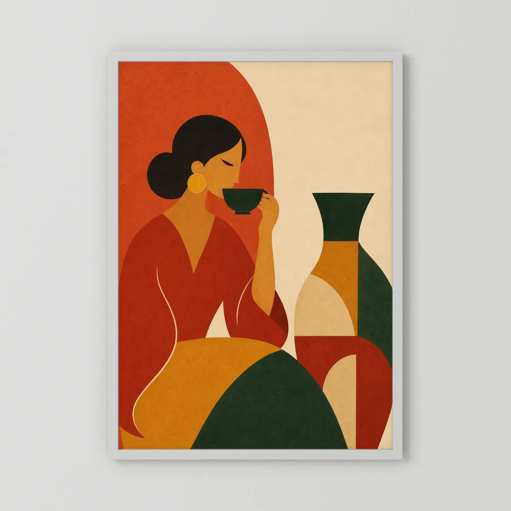 Woman Sipping Tea with Patterned Vase Boho Minimalist Art Print